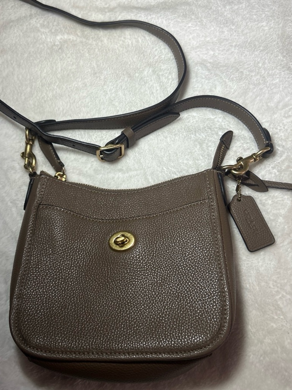 Coach Taupe Pebbled Leather Crossbody with Gold Hardware
